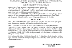 Quyết định 04/2006/QĐ-UBND phân công trách nhiệm phối hợp giữa ngành,cấp quản lý Nhà nước chất lượng sản phẩm, hàng hóa Hậu Giang