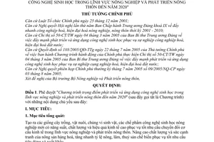 Quyết định 11/2006/QĐ-TTg Chương trình trọng điểm phát triển ứng dụng công nghệ sinh học lĩnh vực nông nghiệp và phát triển nông thôn đến 2020