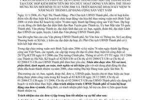 Thông báo 08/TB-UB chỉ đạo Phó Chủ tịch UBND Thành phố Ngô Thị Thanh Hằng kiểm điểm tiến độ hoạt động mừng xuân Bính Tuất 2006 76 năm Đảng Việt Nam