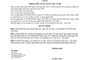 Quyết định 01/2006/QĐ-NHNN Quy chế Tổ chức  hoạt động Vụ Kế toán–Tài chính