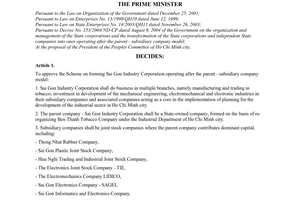 Decision No.16/2006/QD-TTg, approving the scheme on forming Sai Gon Industry Corporation operating after the parent - subsidiary company model