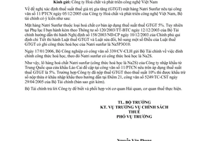 Công văn 1865/BTC-CST thuế suất thuế giá trị gia tăng mặt hàng Natri Sunfur