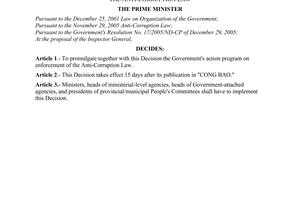 Decision No. 30/2006/QD-TTg of February 06, 2006 promulgating The Government's Action Program on enforcement of the anti-corruption law