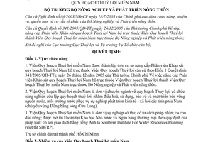 Quyết định 09/2006/QĐ-BNN  chức năng, nhiệm vụ, quyền hạn cơ cấu tổ chức Viện Quy hoạch Thuỷ lợi miền Nam