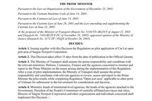 Decision No. 37/2006/QD-TTg of the regulation on pilot management of Cat Lai ope