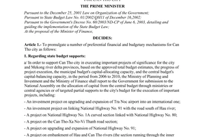 Decision No. 42/2006/QD-TTg, on a number of preferential financial and budgetary mechanisms for Can Tho city, promulgated by the Prime Minister of Government