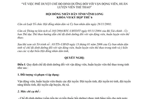 Nghị quyết 28/2006/NQ-HĐND chế độ dinh dưỡng vận động viên huấn luyện viên Vĩnh Long