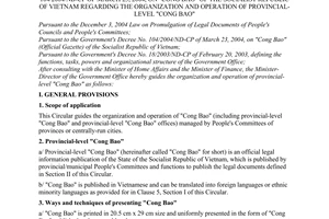 Circular no. 03/2006/TT-VPCP of February 17, 2006 guiding the implementation of the government's decree no. 104/2004/ND-CP of march 23, 2004, on "Cong bao" of the socialist republic of Vietnam regarding the organization and operation of provincial-level "Cong bao"