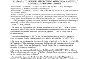 Circular no. 11/2006/TT-BTC of February 21, 2006 amending and supplementing the finance ministry's circular no. 110/2002/TT-BTC of december 12, 2002, guiding the regime of collection, remittance, management and use of fees and charges in banking, securities and insurance domains