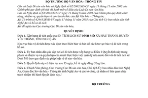 Quyết định 28/2006/QĐ-BVHTT xếp hạng di tích quốc gia Đình Mõ  xã Hậu Thành,Yên Thành,Nghệ An