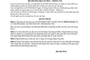 Quyết định 29/2006/QĐ-BVHTT xếp hạng di tích quốc gia Đình Ngoại xã Lý Thường Kiệt,Yên Mỹ,Hưng Yên