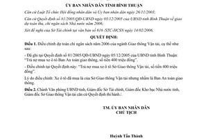 Quyết định 20/2006/QĐ-UBND điều chỉnh dự toán chi ngân sách giao thông vận tải Bình Thuận