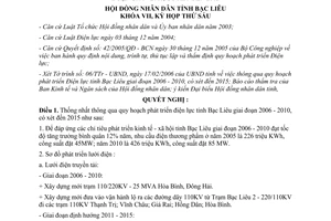 Nghị quyết 23/2006/NQ-HĐND quy hoạch phát triển điện lực tỉnh Bạc Liêu