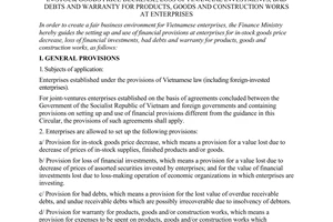 Circular no. 13/2006/TT-BTC of February 27, 2006 guiding the regime of setting up and use of financial provisions for in-stock goods price decrease, loss of financial investments, bad debts and warranty for products, goods and construction works at enterprises
