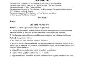 Decree of Government No. 21/2006/ND-CP of February 27, 2006 on the trading in and use of nutritious products for infants