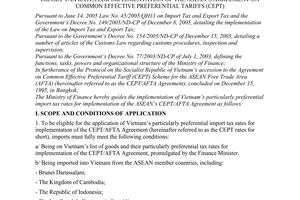 Circular no. 14/2006/TT-BTC of February 28, 2006 guiding the implementation of vietnam’s particularly preferential import tax rates for implementation of the asean’s agreement on common effective preferential tariffs (CEPT)