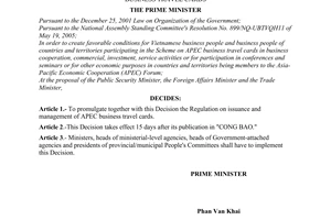 Decision no. 45/2006/QD-TTg of February 28, 2006 promulgating the regulation on issuance and management of apec business travel cards