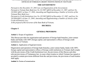 Decree no. 22/2006/ND-CP of February 28, 2006 on organization and operation of foreign bank branches, joint-venture banks, banks with 100% foreign capital, and representative offices of foreign credit institutions in Vietnam