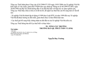 Công văn 865/TCT-DNK miễn, giảm thuế TNDN Xí nghiệp Việt Hà