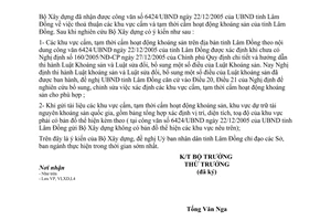 Công văn 423/BXD-VLXD trả lời khu vực cấm, tạm thời cấm hoạt động khoáng sản