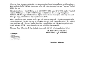 Công văn 976/TCT-PCCS thuế xuất khẩu phần mềm máy tính qua mạng internet