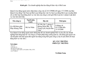 Công văn 257/QLLĐNN-QLLĐ UBLĐ Đài Loan tạm đình chỉ hoạt động dịch vụ việc làm của công ty môi giới Đài Loan