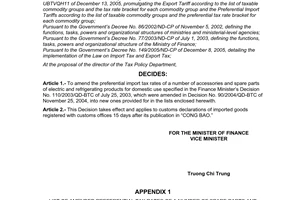 Decision no. 12/2006/QD-BTC of March 03, 2006 adjusting the preferential import tax rates of a number of accessories and spare parts of electric and refrigerating products for domestic use