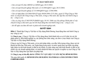 Quyết định 61/2006/QĐ-UBND thành lập công ty vật liệu xây dựng Bình Dương