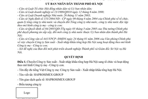 Quyết định 23/2006/QĐ-UB chuyển Công ty Sản xuất XNK tổng hợp Hà Nội tổ chức hoạt động theo mô hình Công ty mẹ con