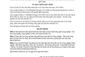 Quyết định 673/2006/QĐ-UBND tiêu chuẩn làng nghề công nghiệp nông nghiệp Bến Tre