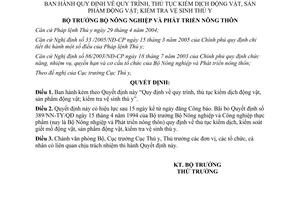 Quyết định 15/2006/QĐ-BNN quy trình, thủ tục kiểm dịch động vật, sản phẩm động vật; kiểm tra vệ sinh thú y