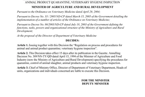 Decision No. 15/2006/QD-BNN animal and animal product quarantine veterinary hygiene inspection