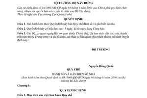 Quyết định 05/2006/QĐ-BXD  Quy chế đánh số gắn biển số nhà