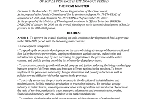 Decision No. 384/QD-TTg of the Prime Minister of Government, approving the overall Planning on Socio-Economic Development of Son La province in the 2006-2020 period