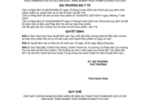 Quyết định 11/2006/QĐ-BYT Quy chế cấp Giấy chứng nhận đủ điều kiện vệ sinh an toàn thực phẩm cơ sở sản xuất, kinh doanh thực phẩm nguy cơ cao