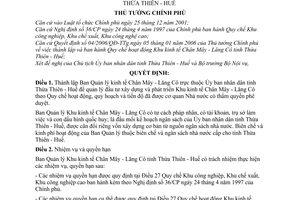 Quyết định 385/2006/QĐ-TTg thành lập Ban Quản lý Khu kinh tế Chân Mây-Lăng Cô,Thừa Thiên Huế