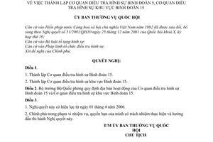 Nghị quyết 1005/2006/NQ-UBTVQH11 thành lập cơ quan điều tra hình sự binh đoàn 5, cơ quan điều tra hình sự khu vực binh đoàn 15