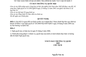 Nghị quyết 1004/2006/NQ-UBTVQH11 giải thể cơ quan điều tra hình sự khu vực 6 quân khu 5