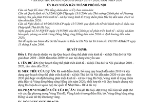 Quyết định 1399/2006/QĐ-UB nhiệm vụ lập Quy hoạch tổng thể phát triển kinh tế - xã hội Thủ đô Hà Nội 2010 - 2020, tầm nhìn đến 2030