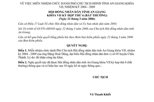 Nghị quyết 08/2006/NQ-HĐND miễn nhiệm Phó Chủ tịch Hội đồng nhân dân An Giang khóa VII