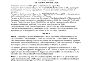 Decision no. 16/2006/QD-BTC of March 24, 2006 on the import tax rates of textiles and garments of EU, US and Australian origin