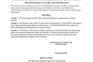 Decision No. 37/2006/QD-BVHTT of the Ministry of Culture and Information, promulgating the Regulation on organization of beauty contests