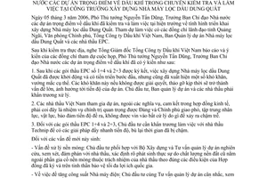 Thông báo 65/TB-VPCP ý kiến Phó Thủ tướng Nguyễn Tấn Dũng Trưởng Ban Chỉ đạo dự án trọng điểm dầu khí chuyến kiểm tra Nhà máy lọc dầu Dung Quất