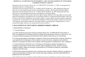 Joint circular No. 03/2006/TTLT/BLDTBXH-BNG, promulgated by the Ministry of Foreign Affairs, the Ministry of Labor, War Invalids and Social Affairs, guiding the implementation of a number of provisions of the Government's Decree No. 141/2005/ND-CP of November 11, 2005, on management of Vietnamese laborers working abroad