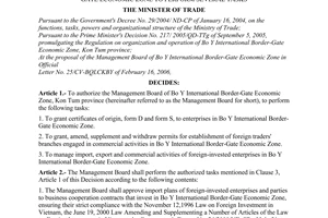Decision no. 17/2006/QD-BTM of March 31, 2006 authorizing the management board of Bo Y international border-gate economic zone to perform several tasks