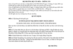 Quyết định 44/2006/QĐ-BVHTT xếp hạng di tích quốc gia Địa điểm Chiến thắng Đồi 10,xã Châu Bắc,Hoài Nhơn, Bình Định