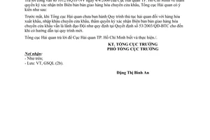 Công văn 1802/TCHQ-GSQL thẩm quyền ký xác nhận trên Biên bản bàn giao hàng hóa chuyển cửa khẩu