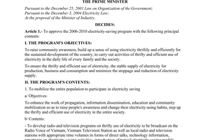 Decision No. 80/2006/QD-TTg of April 14, 2006, approving the 2006-2010 electricity-saving program.