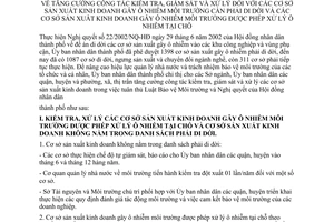 Chỉ thị 13/2006/CT-UBND công tác kiểm tra, giám sát xử lý cơ sở sản xuất kinh doanh gây ô nhiễm môi trường cần di dời cơ sở được xử lý tại chỗ
