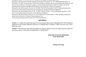 Decision No. 27/2006/QD-BTC of April 17, 2006, adjusting the import tax rate of goods items under subheading 8501.40.20
